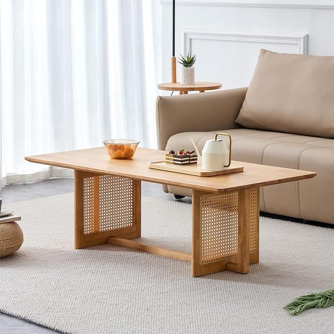 Modern Imitation Rattan Coffee Table Rectangular Solid Wood Table Top Cross Table Legs for Living... | Amazon (US)