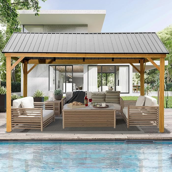 Domi 12' x 14' Hardtop Gazebo with Galvanized Steel Gable Roof, Pergola with Wood-Looking Aluminu... | Amazon (US)