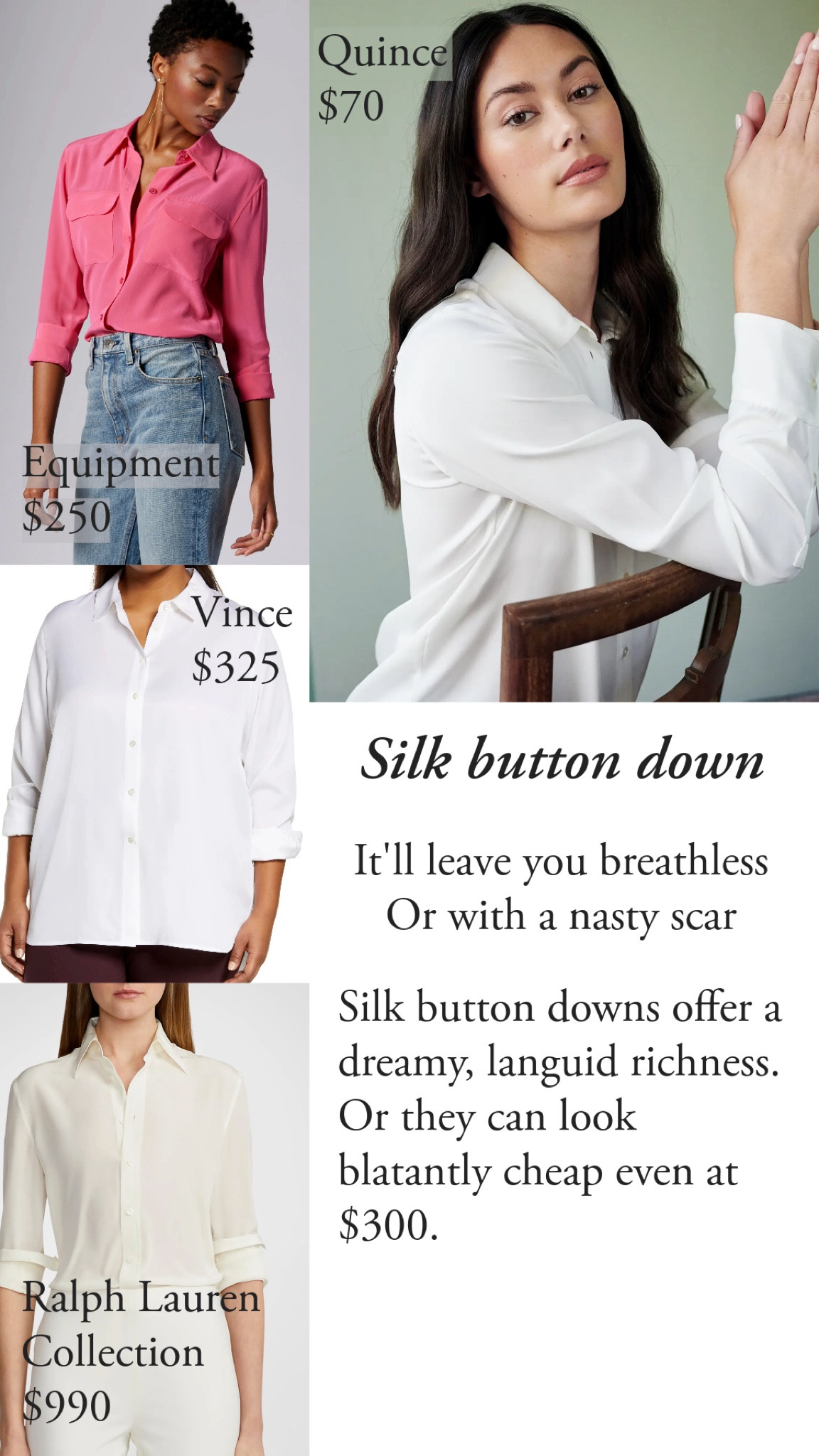 Silk button downs offer this dreamy, languid richness. Or they can look blatantly cheap, even at $300. 

There are so many great options at different price points. I was impressed overall by the high armholes (though it’s hard to beat Ralph Lauren Collection), the neat button plackets, and the colors.

#LTKunder100 #LTKFind #LTKworkwear