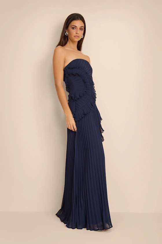 Brylee Navy Blue Pleated Ruffled Maxi Dress | Lulus