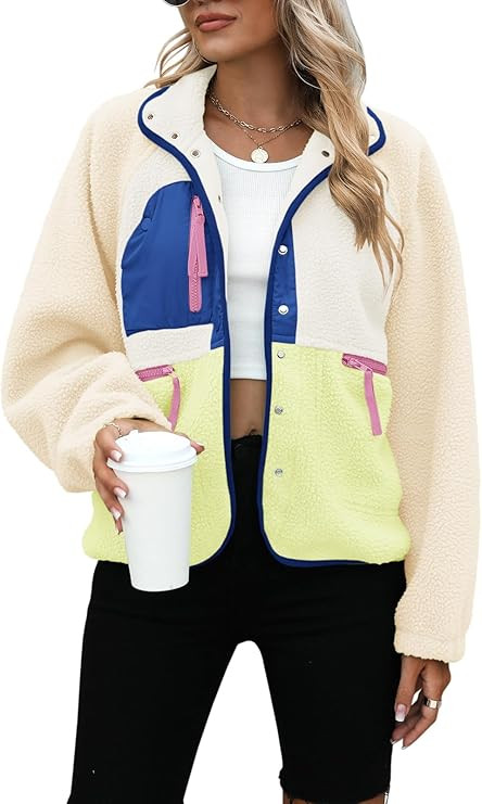 Yanekop Womens Fleece Jacket Fuzzy Long Sleeve Short Winter Coats Button Down Sherpa Jacket Outer... | Amazon (US)