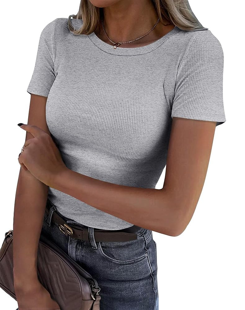 Roselux Women Crew Neck Ribbed Fitted Tight Tshirt Short Sleeve Shirt Basic Knit Top | Amazon (US)