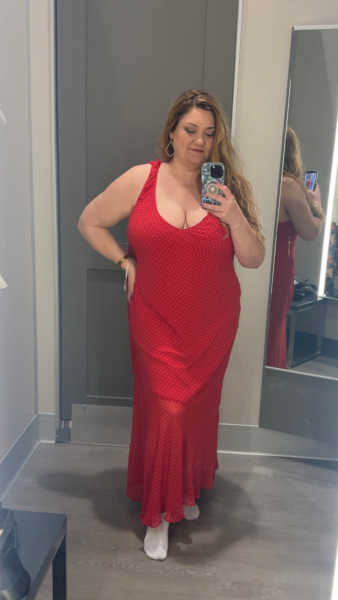 Red and white polka dot maxi dress with halter scarf. Wearing an XXL on my 16/18 body. 

#LTKPlusSize #LTKspring #LTKootd