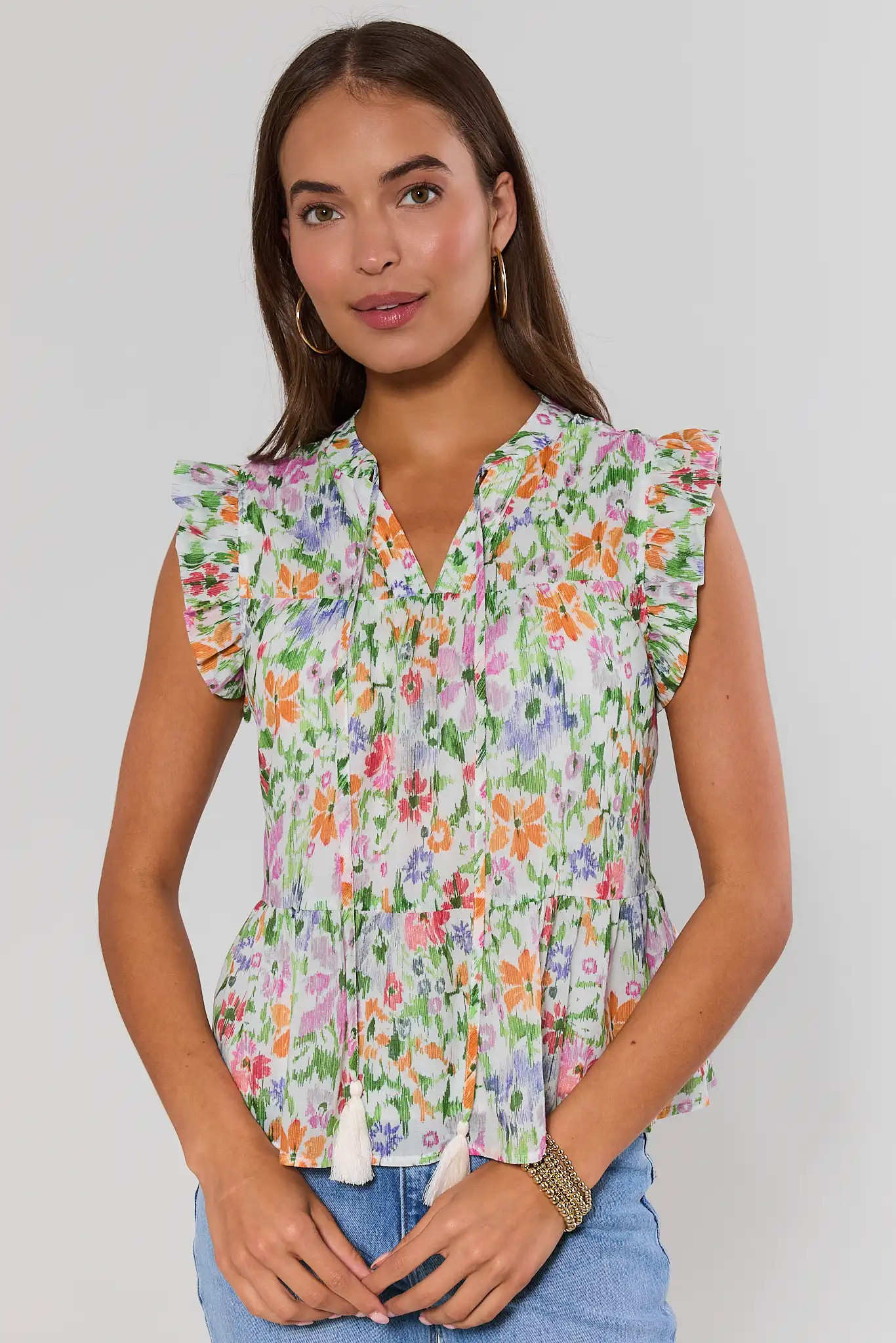 Faye Multi Floral Flutter Sleeve Top | Avara