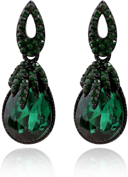 Vintage Rhinestone Dangle Earrings for Women Girls Dark Green Teardrop Crystal Drop Statement Hug... | Amazon (US)