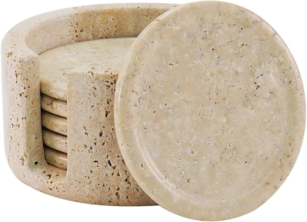 SPESHSTONES Travertine Marble Round Coasters 3.5" Inches Set of 6 with Holder for Drinks - Handma... | Amazon (US)