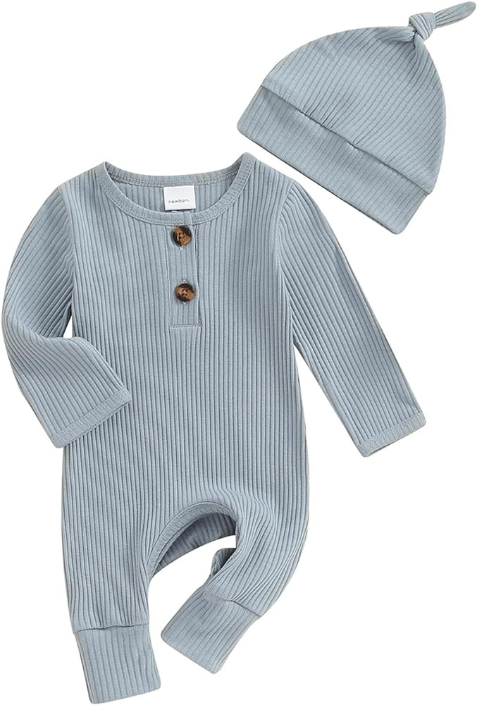 Infant Boys Girls Clothes Set Newborn Baby Romper Hat Ribbed Knit Long Sleeve Button Solid Bodysu... | Amazon (US)