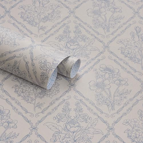 Kitico Peel and Stick Wallpaper Vintage Boho Wallpaper Blue and Beige Contact Paper Floral Removable Waterproof Wall Paper for Bathroom/Bedroom Self Adhesive for Cabinets Vinyl 17.3''x118.1'' | Amazon (US)