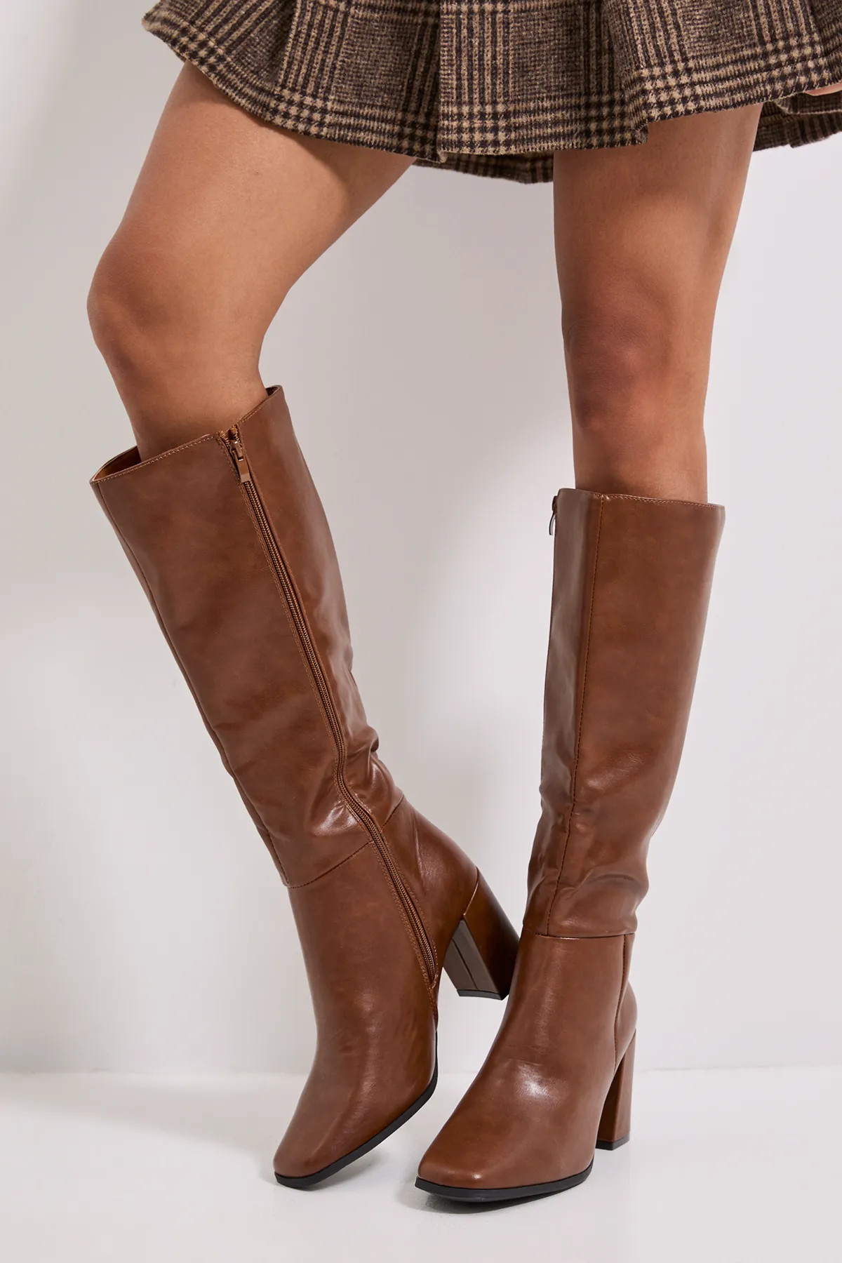 Wide Fit Kristen Faux Leather Square Toe High Heel Knee Boots | Boohoo.com (UK & IE)
