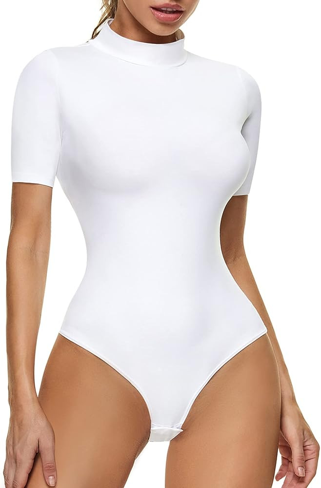 Amazon.com: CYDREAM Women Mock Turtle Neck Short Sleeve Bodysuit Basic T Shirts Tank Tops Casual ... | Amazon (US)