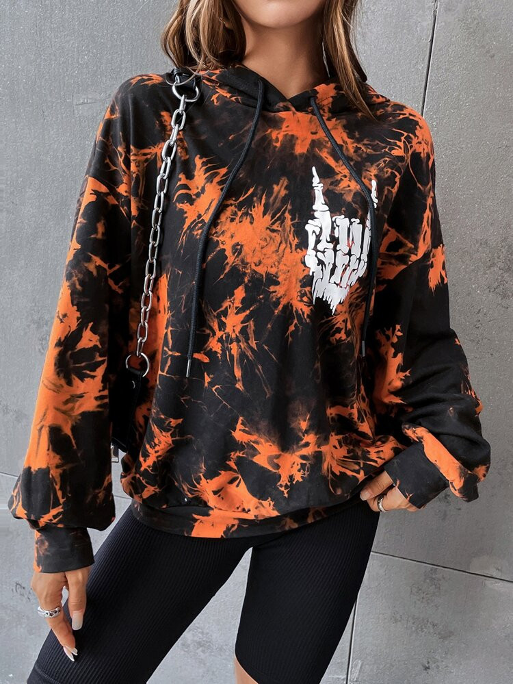 SHEIN Skull Print Drop Shoulder Tie Dye Hoodie | SHEIN