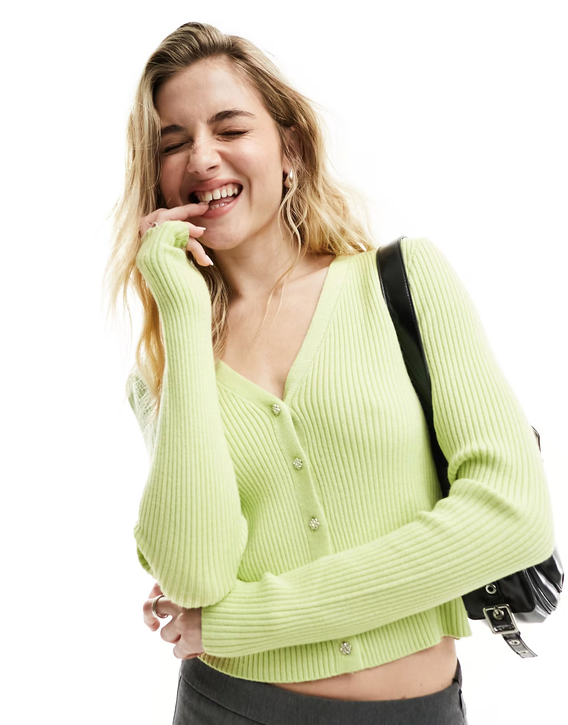 Vero Moda jewelled button through cardigan in light green | ASOS (Global)