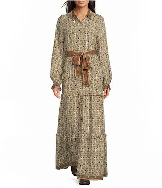 Floral Print Collared Long Sleeve Belted Tiered Maxi Dress | Dillard's