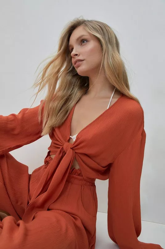 Crinkle Tie Front Shirt And Paperbag Wide Leg | Nasty Gal (US)