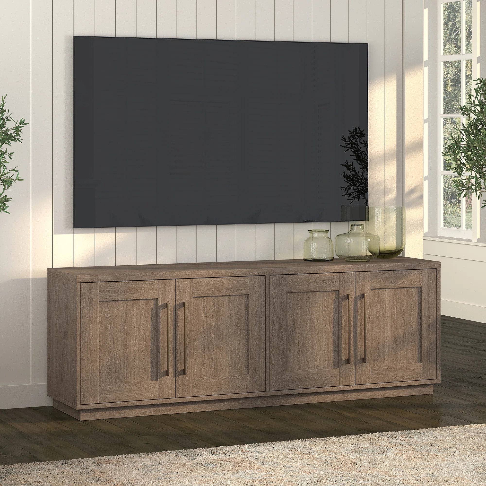 Tillman TV Stand for TVs up to 75" in Antiqued Gray Oak with Storage, Adjustable Shelves & Cable ... | Wayfair North America
