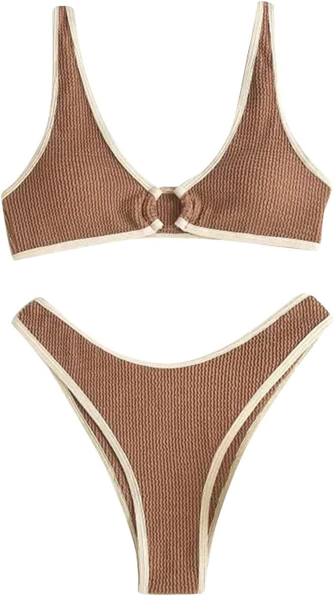 Fashion Women's Sexy Solid Color Lace-Up Halter High Waist Open Back Split Bikini Swimsuit B840 | Amazon (US)