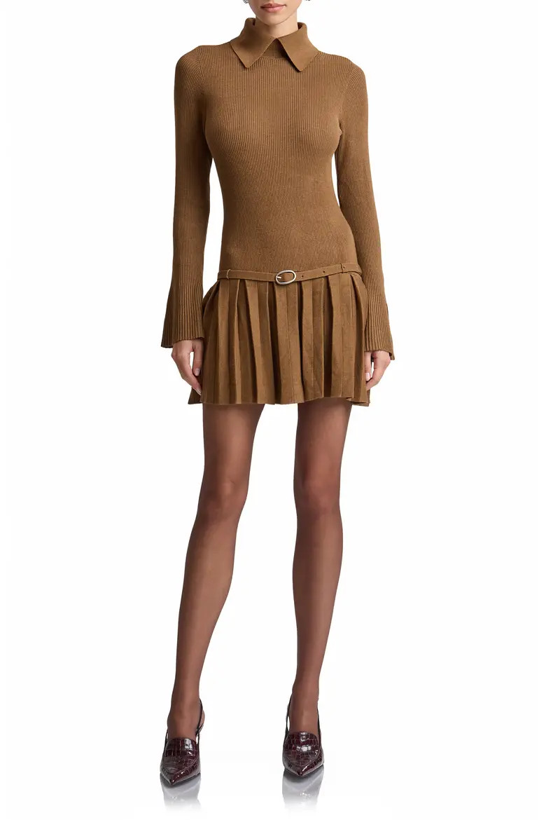 Avec Les Filles Drop Waist Pleated Sweater Dress in Russet at Nordstrom, Size Large | Nordstrom
