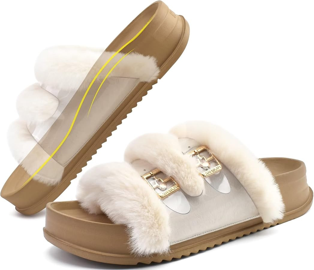 KuaiLu Womens Platform Slipper with Arch Support Soft Cushion Faux Fur Sandals Open Toe House Sli... | Amazon (US)
