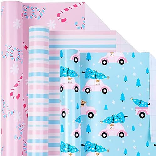 LeZakaa Christmas Wrapping Paper Mini Roll - Car and Tree/JOY Lettering/Pink & Blue Stripes Print fo | Amazon (US)