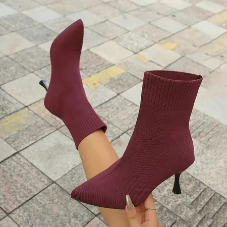 Hinvhai Ankle Boots for Women Low Heel Sock Booties Knit Pointed Toe Women s Winter Boots Sock Boots Fall Shoes Wine 8.5(41) | Walmart (US)