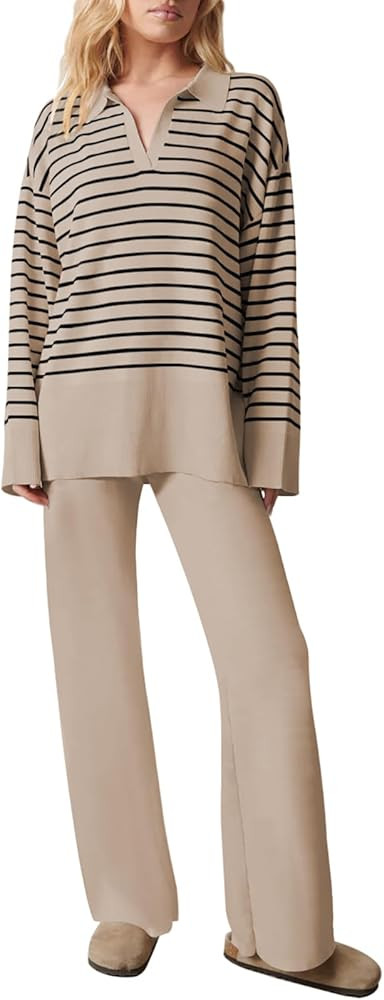 Pink Queen 2024 Fall Sweater Sets for Women 2 Piece Long Sleeve Collar V Neck Sweatsuit Knitted S... | Amazon (US)