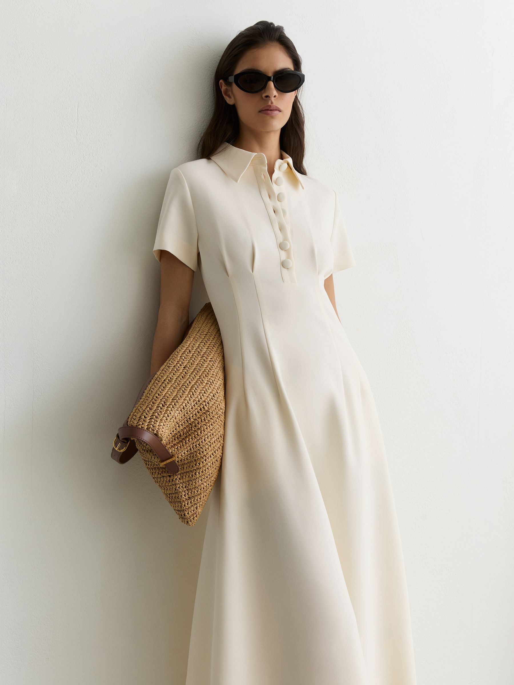 Button-Neck Short-Sleeve Midi Dress in Cream | Reiss US