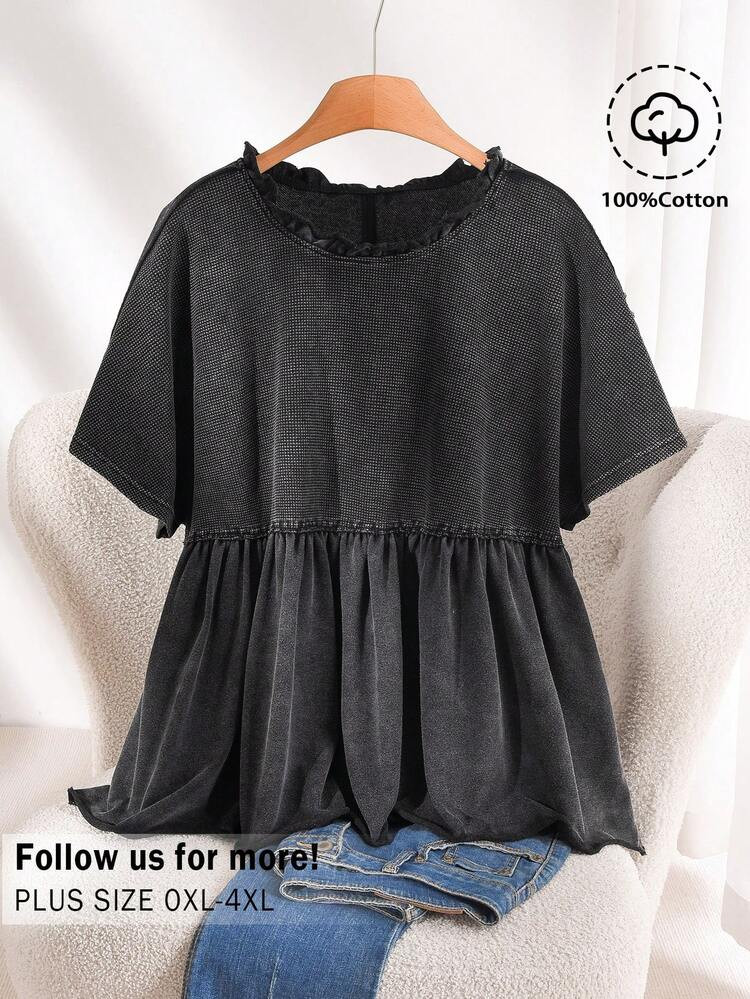 CosyJoli Plus Size Women's Casual T-Shirt, Distressed Washed T-Shirt, Short Sleeve Tee Cute Black Tops Black Babydoll Top | SHEIN