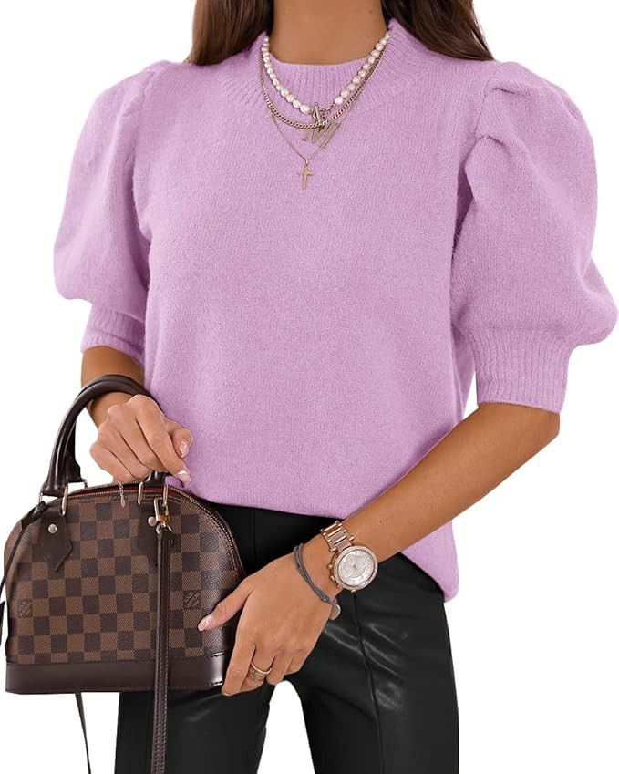 Women's Puff Short Sleeve Sweater Tops 2025 Summer Fall Trendy Knit Crew Neck Casual T Shirts Blo... | Amazon (US)