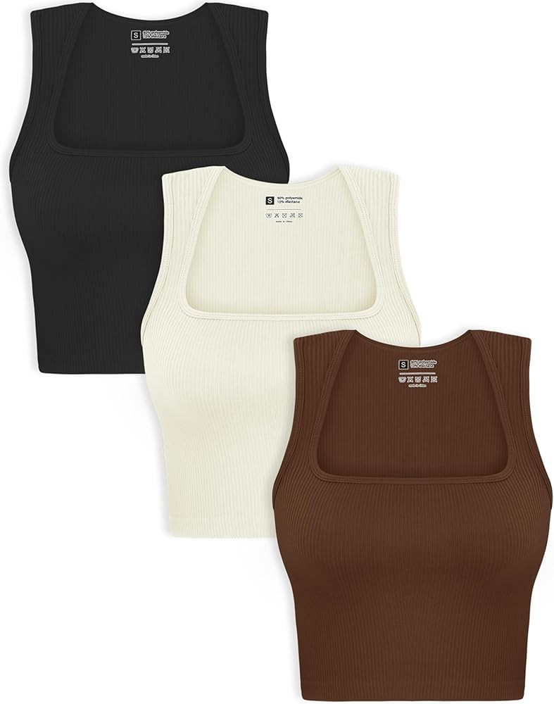 OLCHEE Womens 3 Pack Crop Tank Tops Seamless Ribbed Square Neck Tapered Shoulder Strap Sleeveless... | Amazon (US)