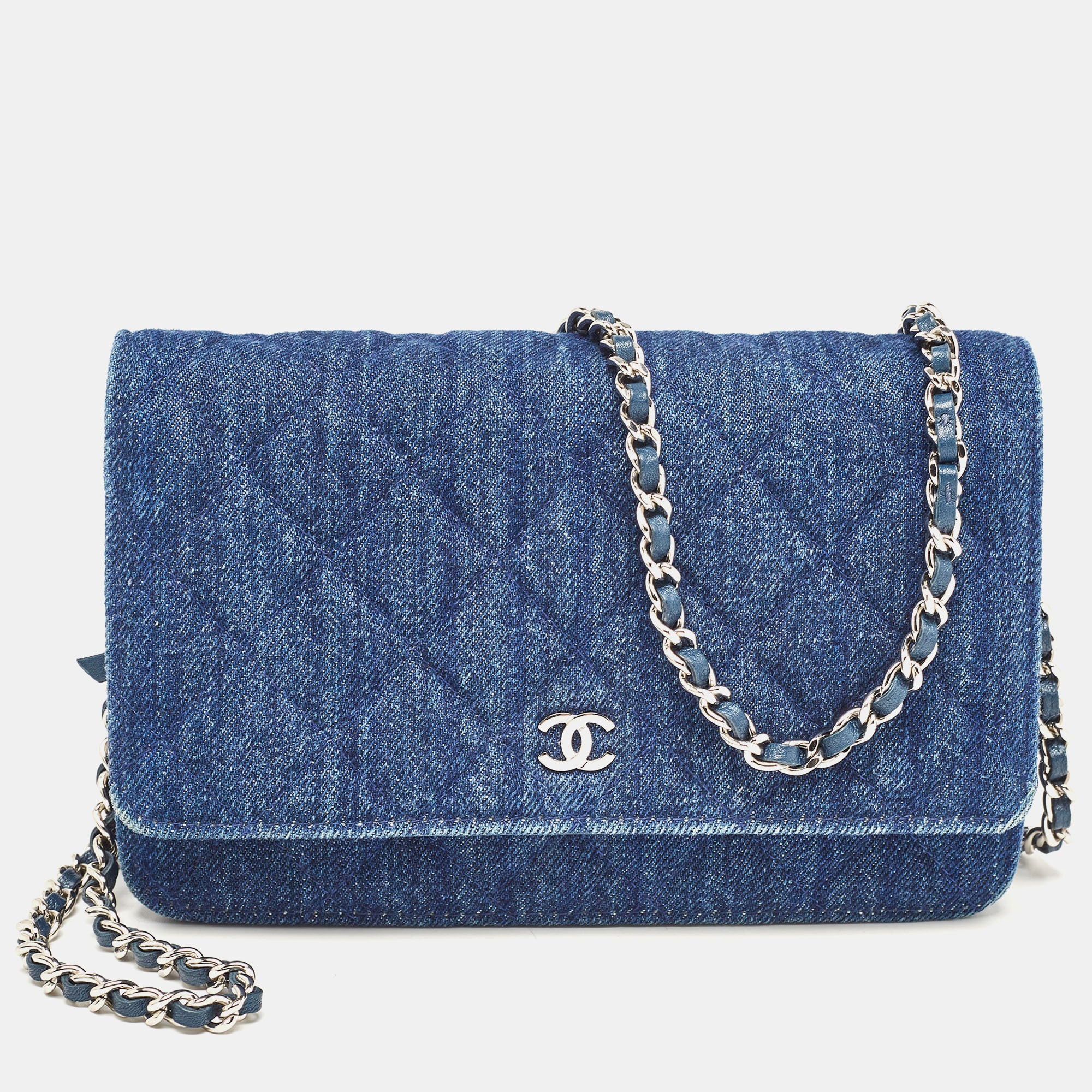 Chanel Quilted Denim Classic Wallet On Chain | Shop Simon