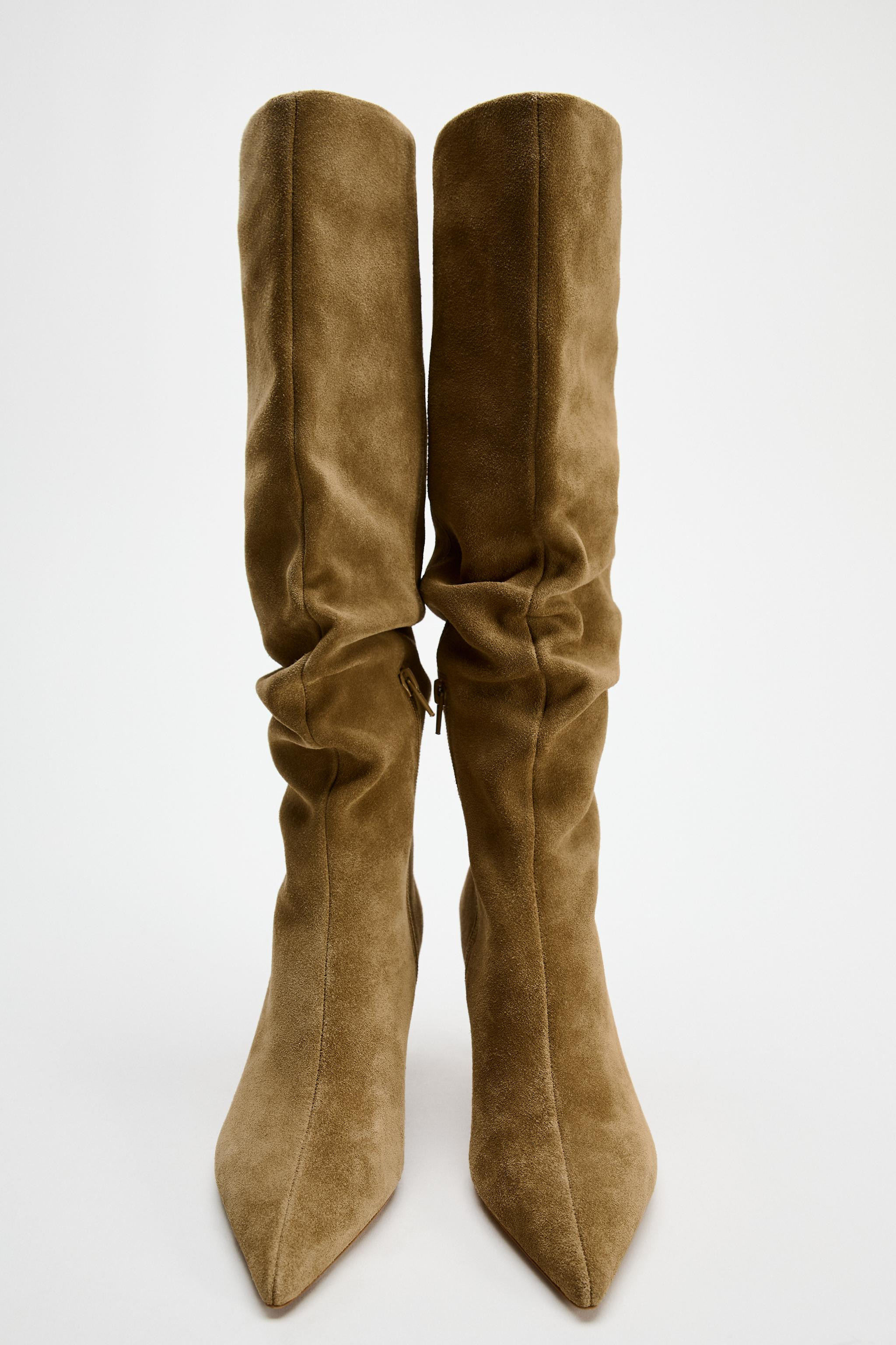RUCHED SPLIT LEATHER HEELED BOOTS | Zara US