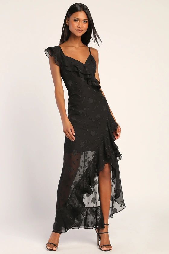 Forever Be Black Floral Jacquard Ruffled Maxi Dress | Lulus (US)