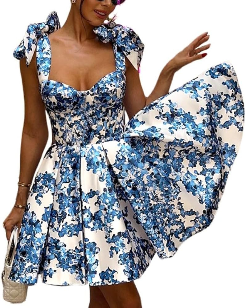 Women's Floral Print V Neck Bow Straps A-line Mini Dress, Casual Elegant High Waist Cami Dress for Vacation & Party | Amazon (US)