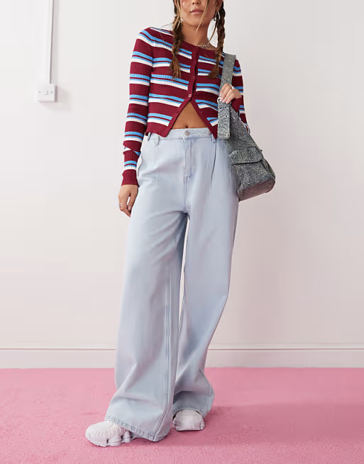 Noisy May wide leg jeans with adjustable waist in light wash blue | ASOS (Global)