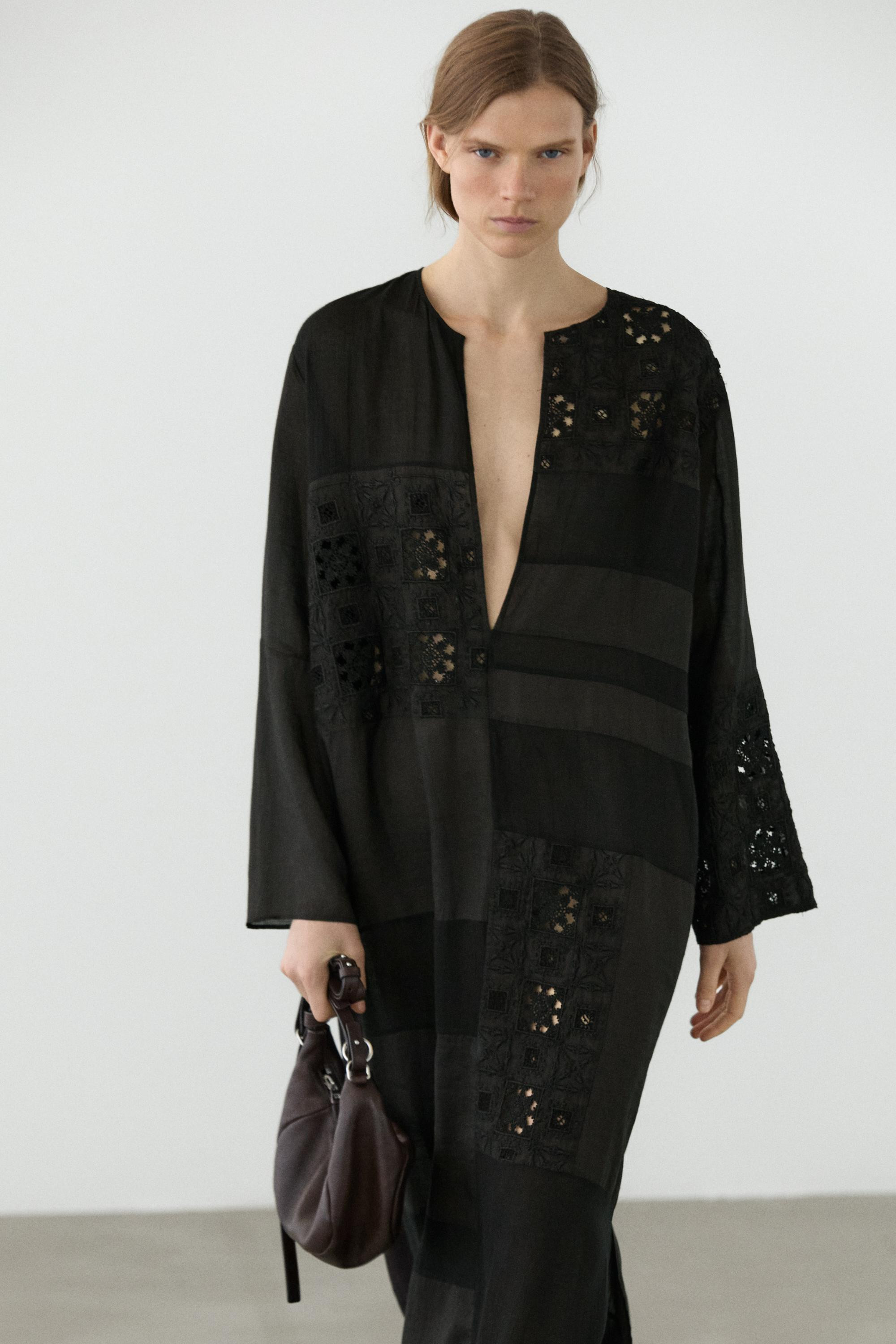 100% Ramie embroidered detail dress | Massimo Dutti US