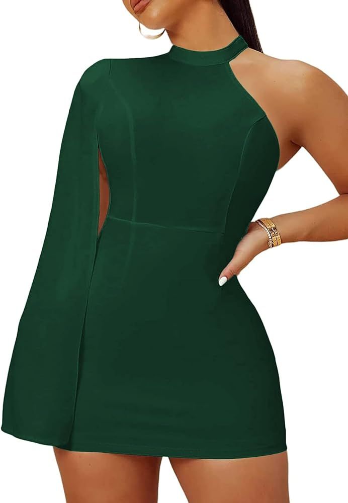 LYANER Women's One Shoulder Cloak Long Sleeve Bodycon Sexy Party Club Mini Dress | Amazon (US)