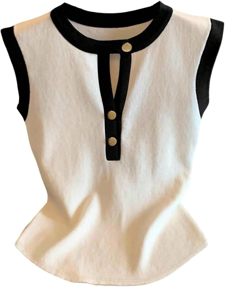 Verdusa Women's Old Money Button Up Cut Out T Shirts Sleeveless Colorblock Dressy Casual Tops | Amazon (US)