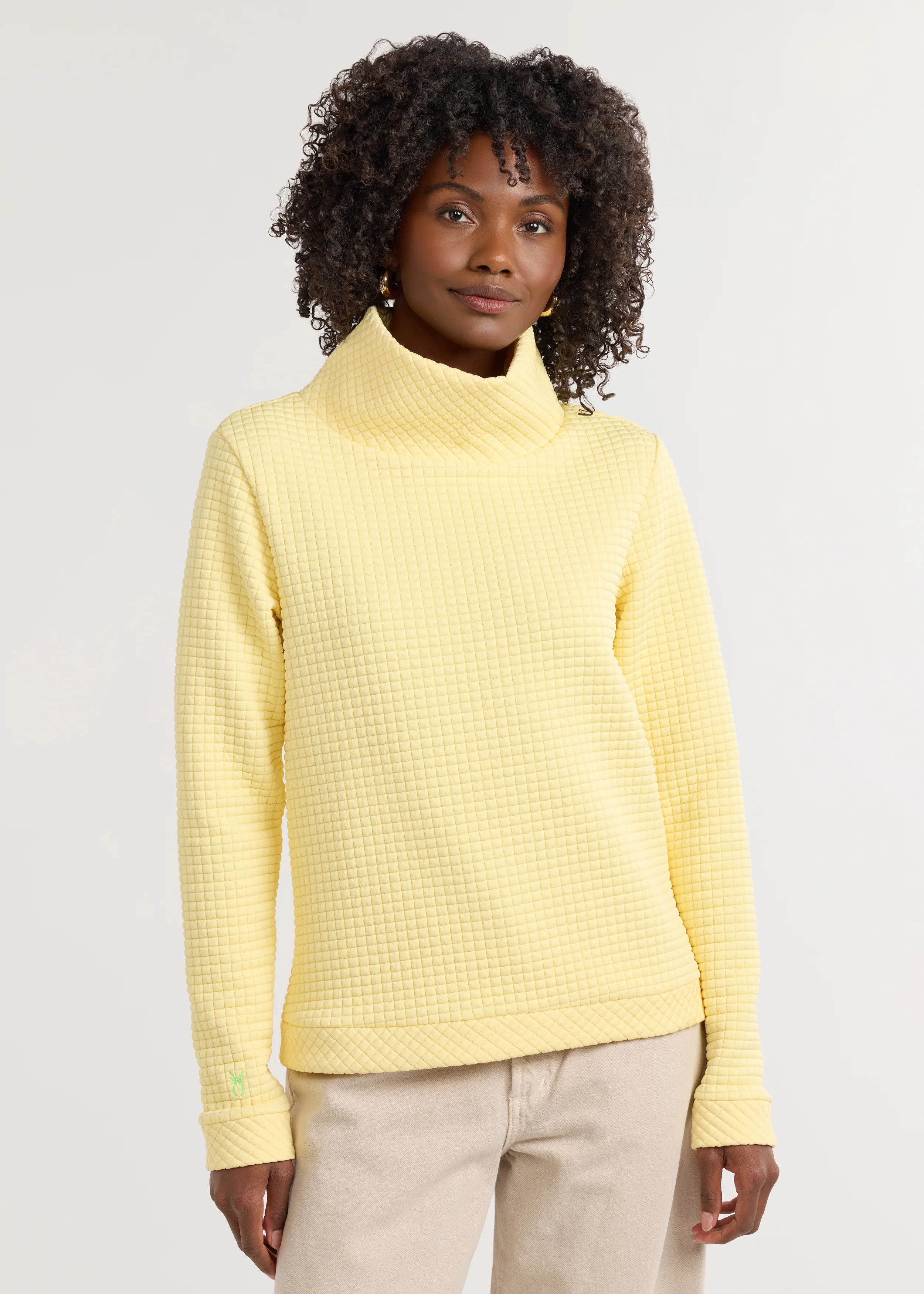 Women's Park Slope Turtleneck in Waffle (Lemon Meringue) in Size L - Cozy Fleece Turtleneck Sweaters | Dudley Stephens