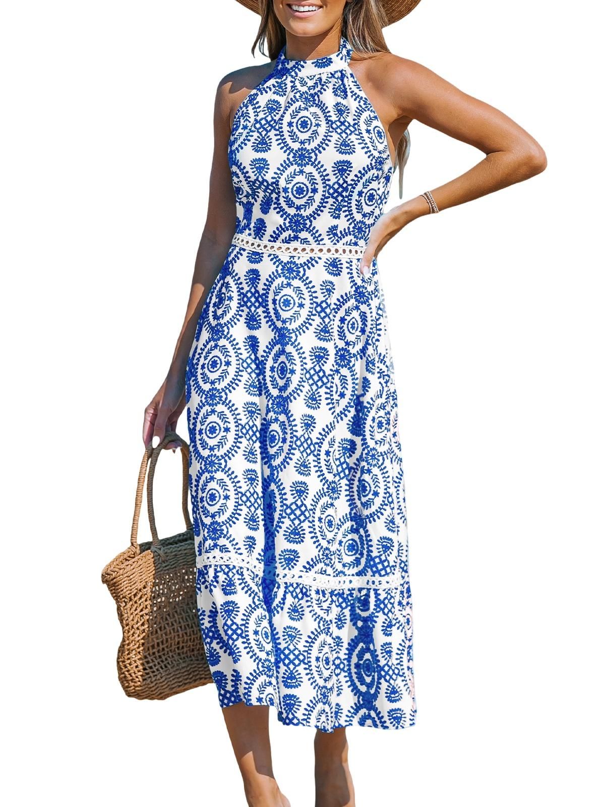 CUPSHE Women's Midi Dress Blue & White Ornate Halterneck Sleeveless Summer Dress | Walmart (US)