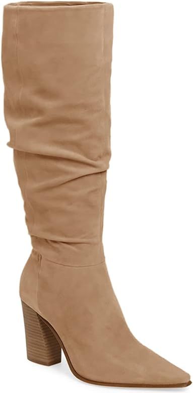 Womens Faux Suede Knee High Boots Wide Calf Pointed Toe High Chunky Heel Side Zipper Booties | Amazon (US)