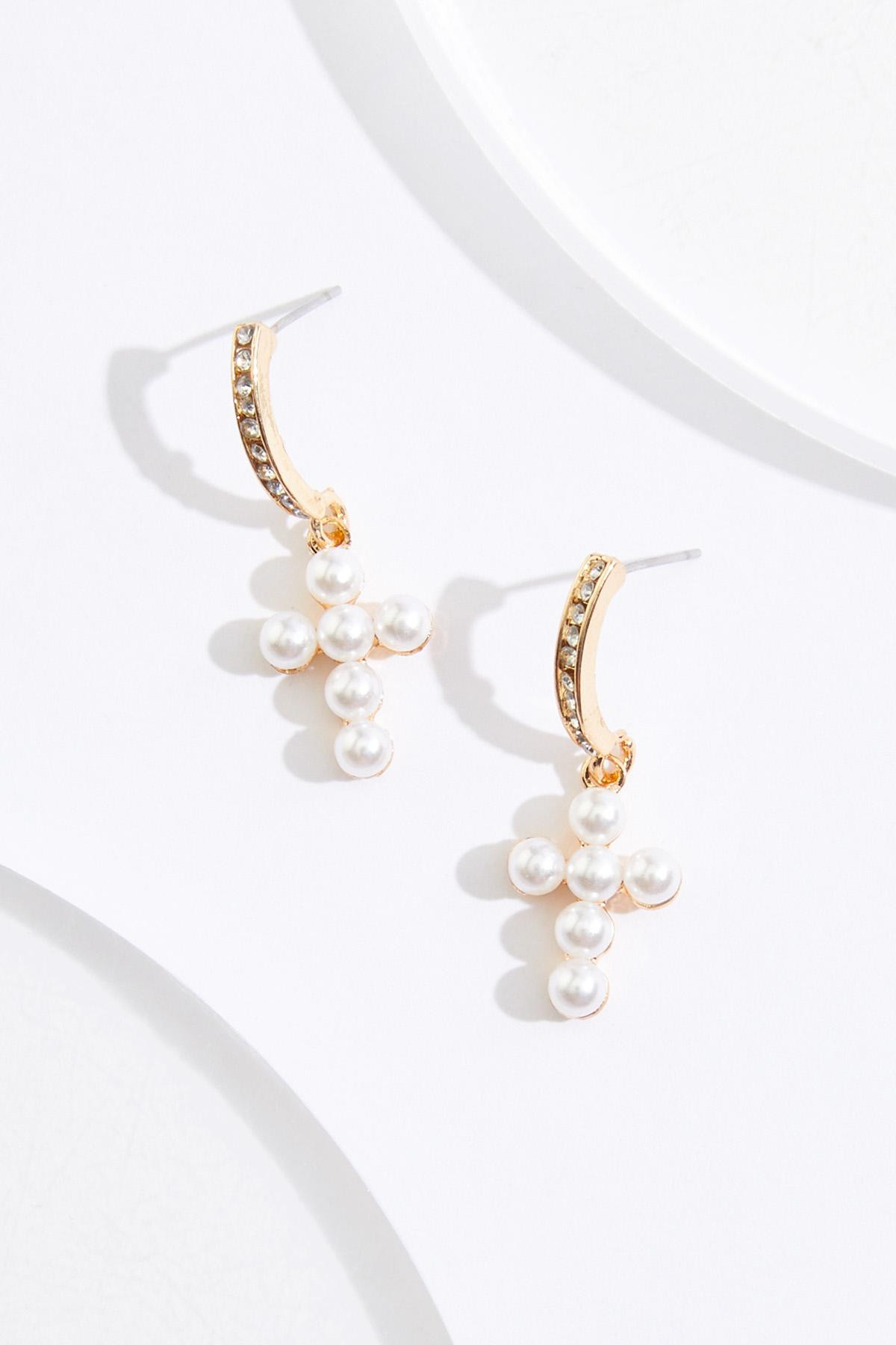 Pearl Cross Charm Curved Post Earrings | Cato Fashions