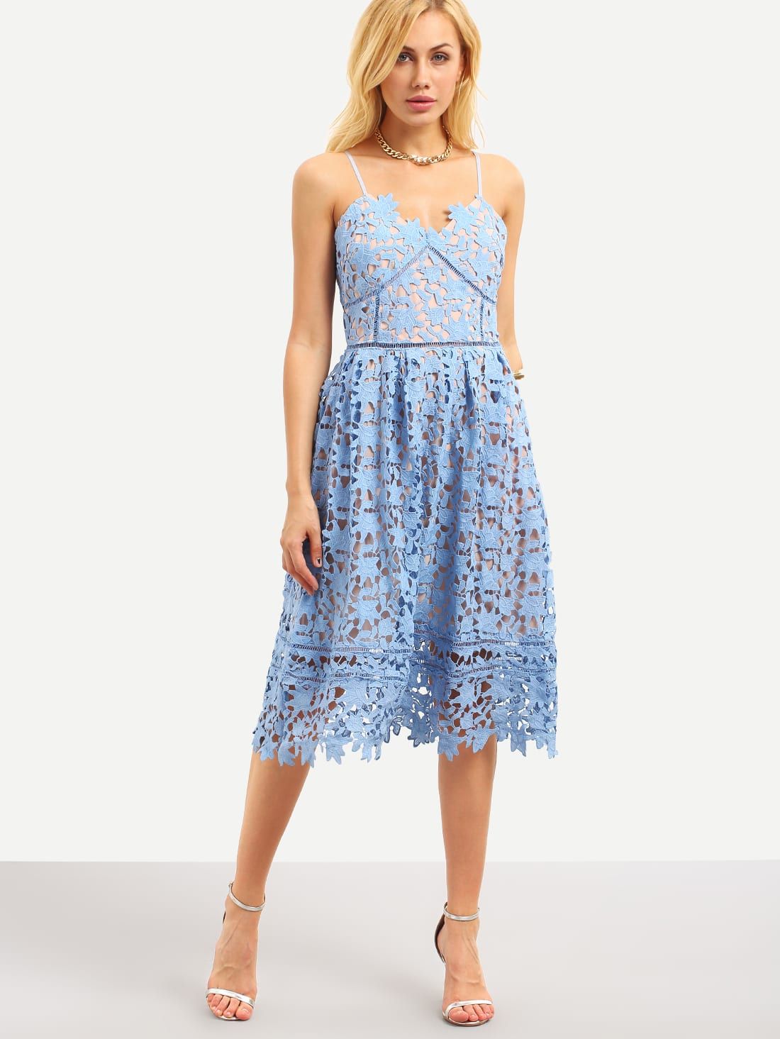 Hollow Out Fit & Flare Lace Cami Dress - Blue | Romwe