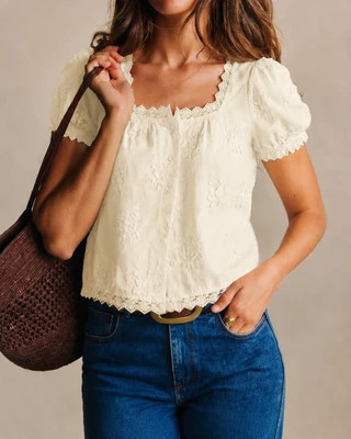 Apricot Square Neck Floral Button Tee | rihoas.com