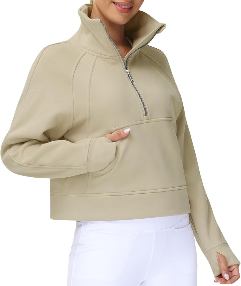 Tmustobe Women's Fleece Lined Crop Pullover Half Zip Long Sleeve Sweatshirt Athletic Workout Tops... | Amazon (US)