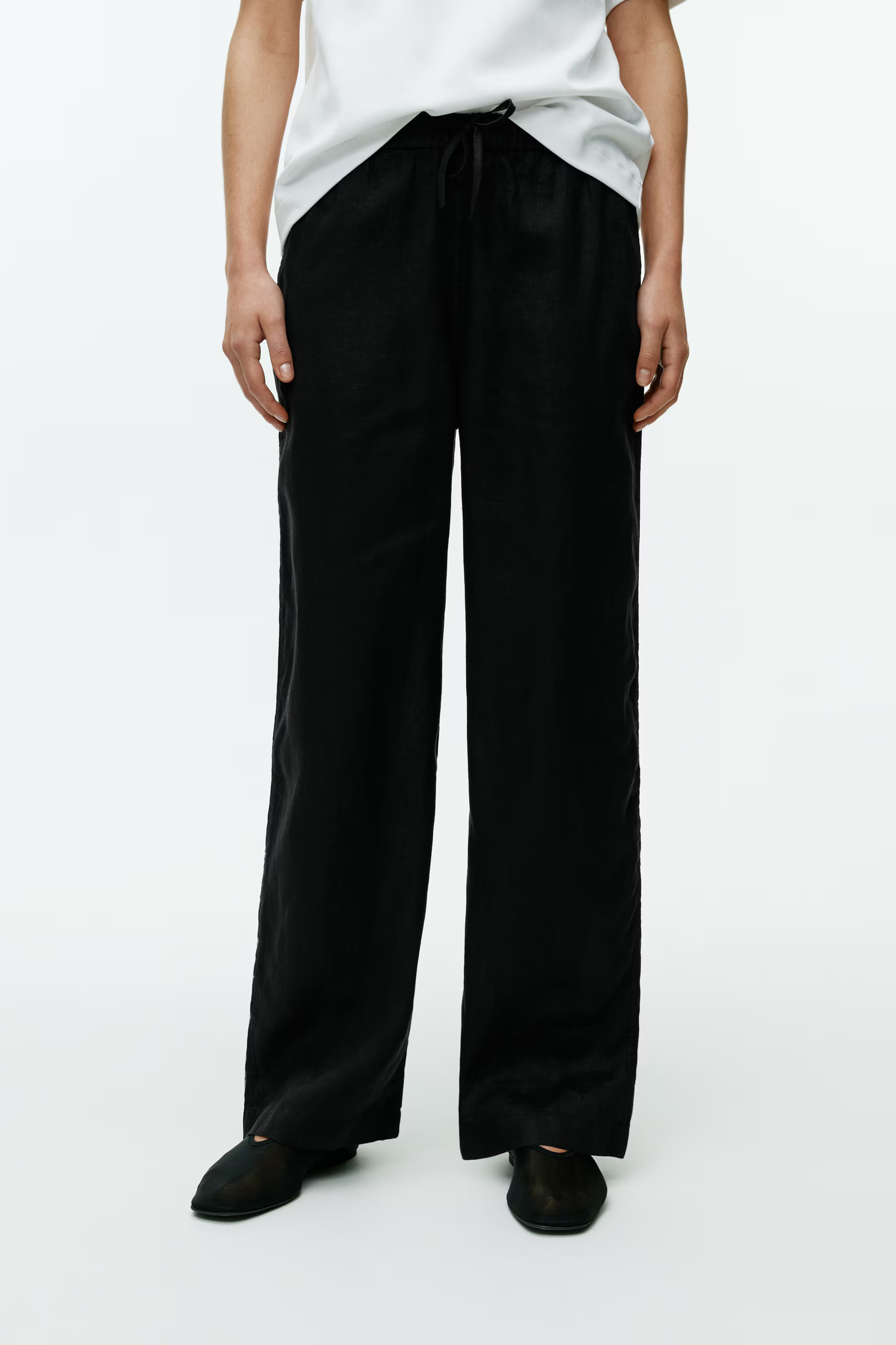 Linen Drawstring Trousers - Regular waist - Long - Black - Ladies | H&M GB | H&M (UK, MY, IN, SG, PH, TW, HK)