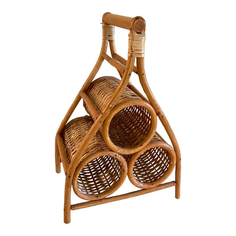 Vintage 70s Wicker Rattan Wine Bottle Rack Holder | Chairish