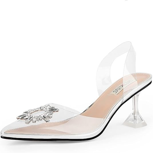 wetkiss Women's Clear Heels Shoes, Crystal Rhinestones Slingback Wedding Shoes Pointed Toe High H... | Amazon (US)