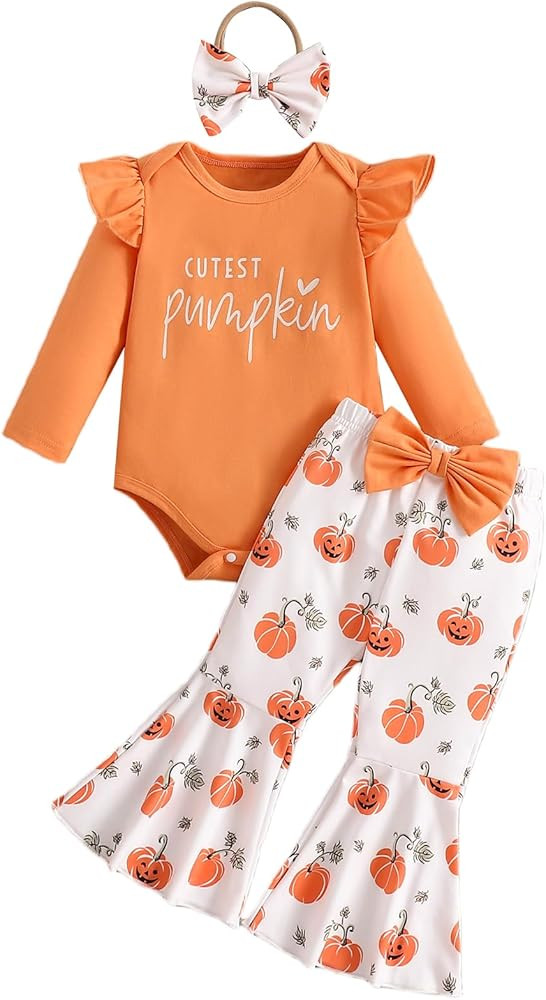 Baby Girl Halloween Outfit My First Halloween Romper Pumpkin Bell Bottoms Cute Newborn Infant Fal... | Amazon (US)