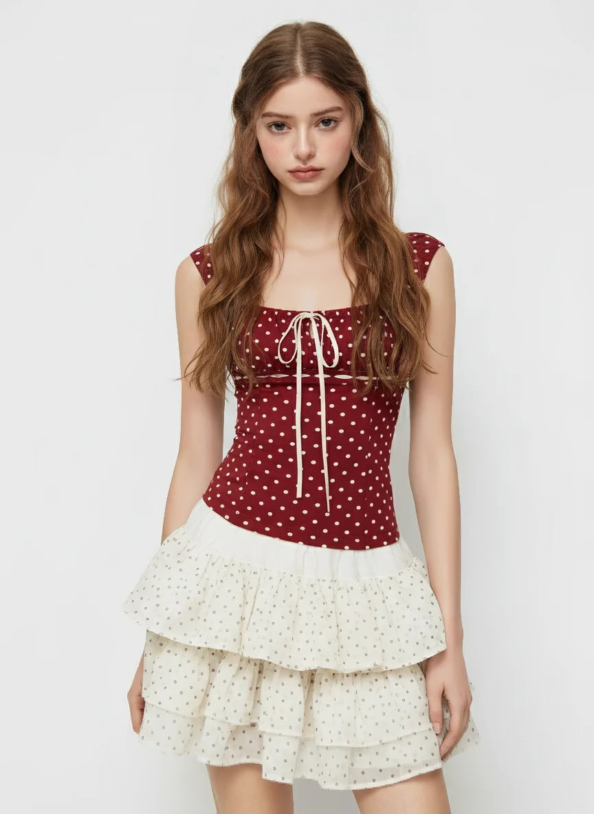 Square Neck Polka Dot Knotted Short Sleeve Top | Cider