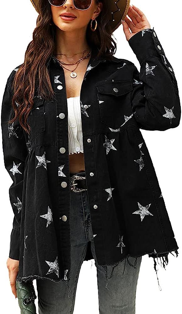 chouyatou Women's Casual Frayed Raw Hem Star Print Mid Long Peplum Denim Jacket | Amazon (US)